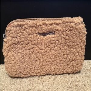 Baggalini Sherpa Fleece Zip Pouch Clutch Tan Travel Organizer RFID